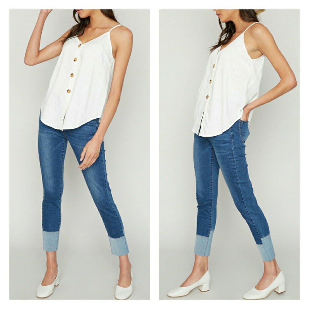 Off White Sleeveless Button Down Cami Top - Picture 2 of 3
